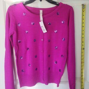 Fuchsia sequined button down lightweight acrylic sweater